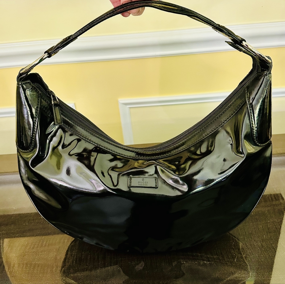 Gucci Black Patent Leather Half Mion Hobo Bag.